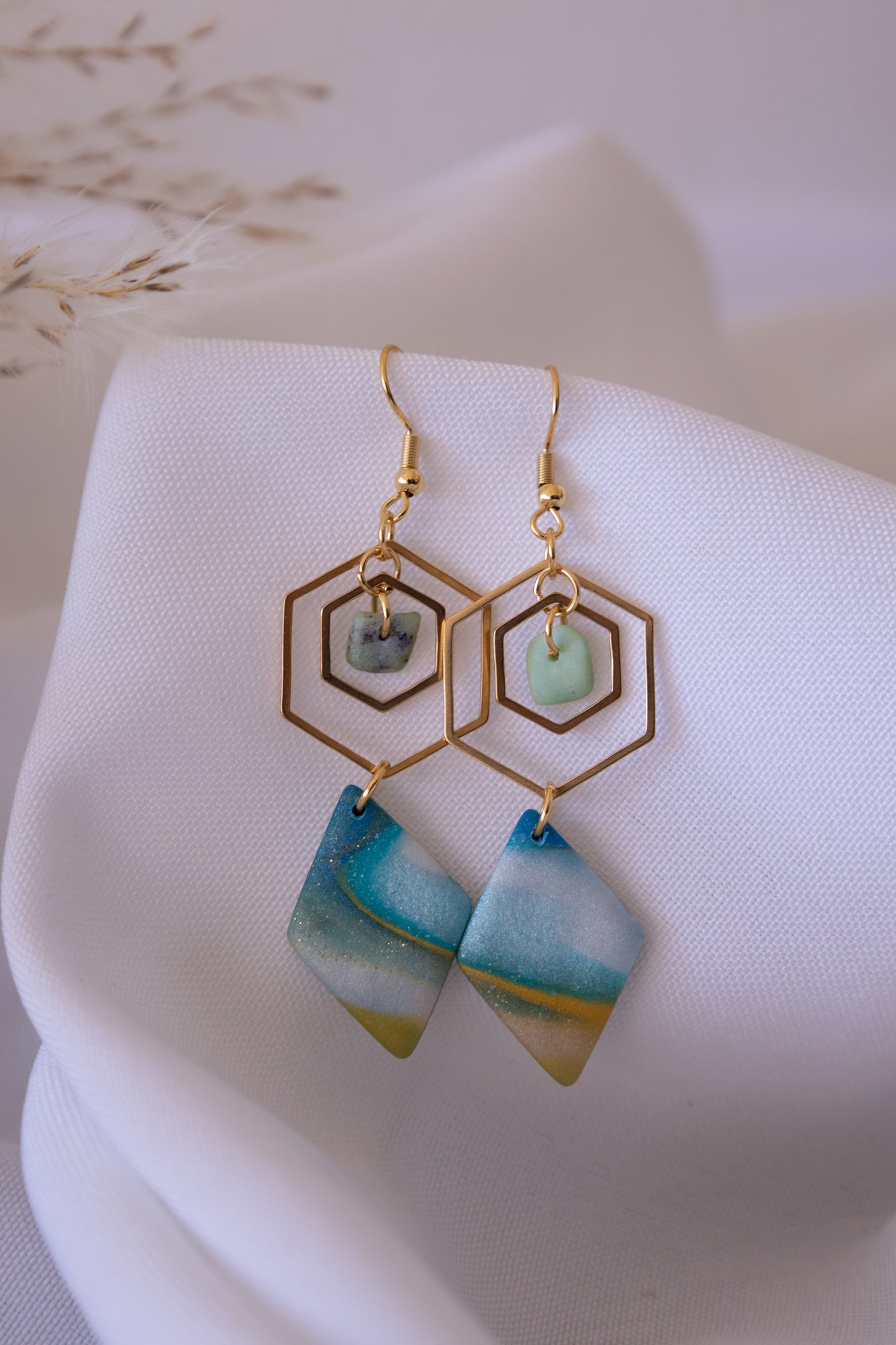 Aventurine hexagon double clay earrings