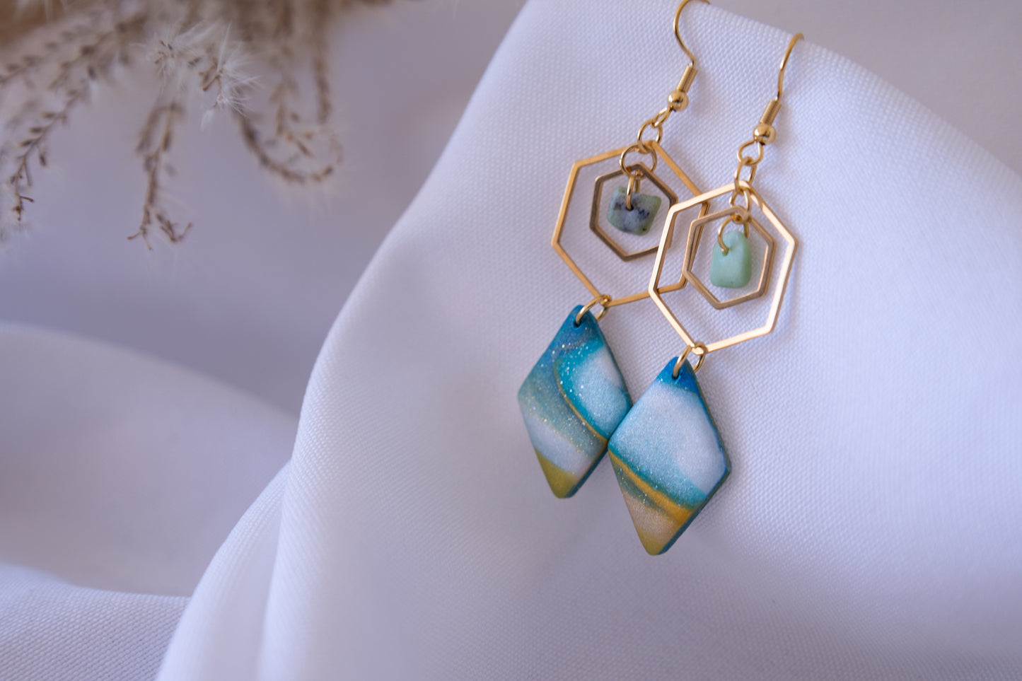 Aventurine hexagon double clay earrings