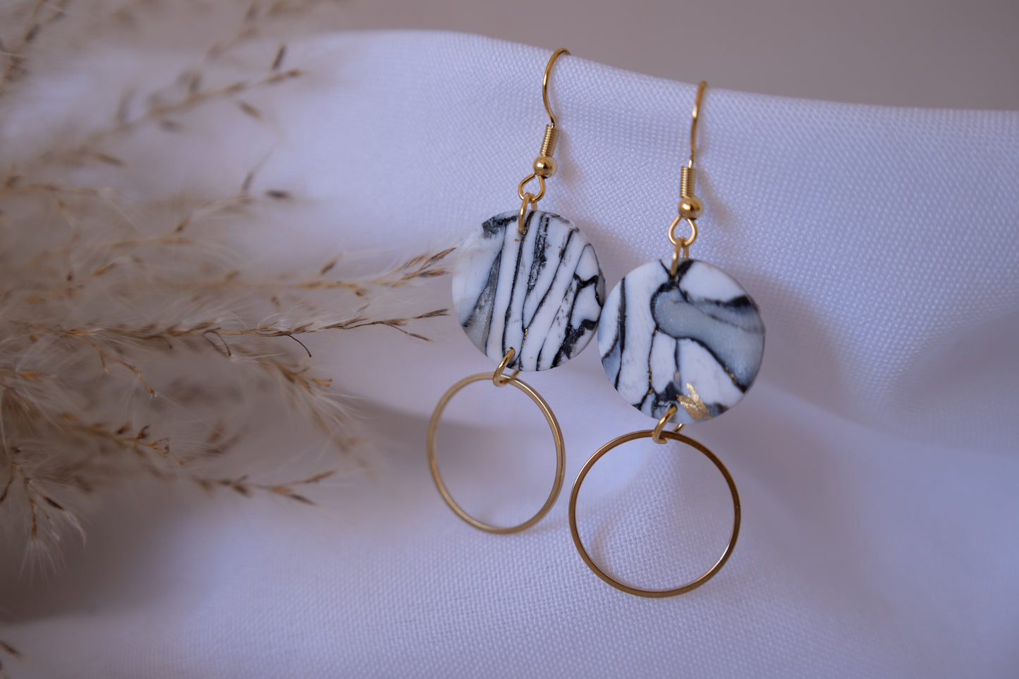 Marble black and white drop circle earrings